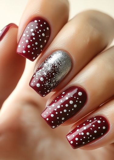 Festive burgundy manicure with white snowflake designs and silver accents for winter celebrations.