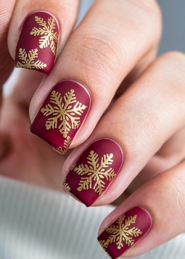 Elegant burgundy nails with gold snowflake art, perfect for festive occasions.