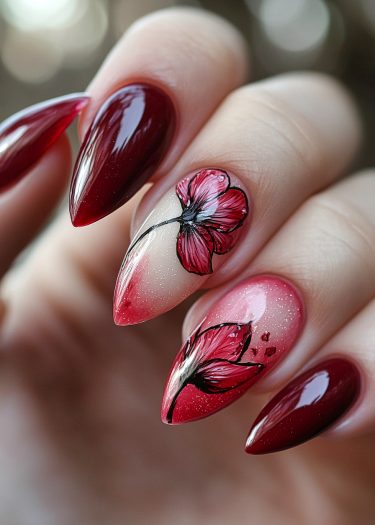 Exquisite burgundy stiletto nail art with floral designs and glossy polish for elegant style.