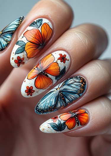 Elegant butterfly and flower nail art in vibrant colors with gold accents on almond-shaped nails.