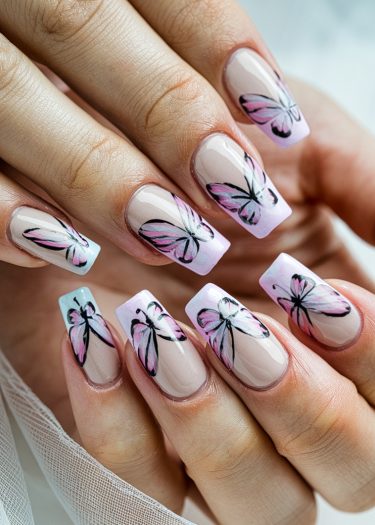 Elegant butterfly nail art design with pastel colors and intricate details on long squared nails.