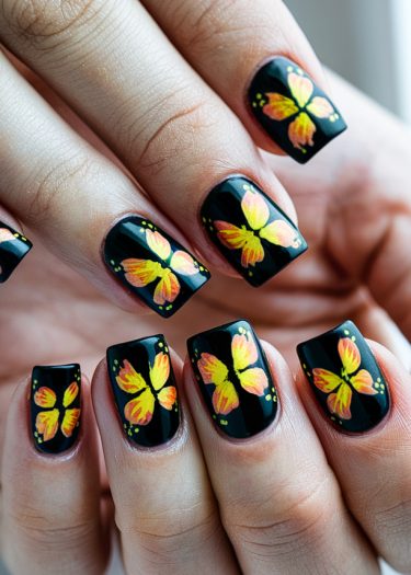 Vibrant butterfly nail art on glossy black manicure, featuring intricate yellow and orange designs.