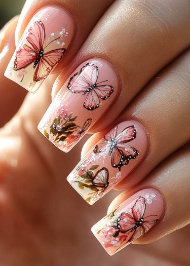 Elegant butterfly nail art featuring pink designs and floral accents on manicured nails.