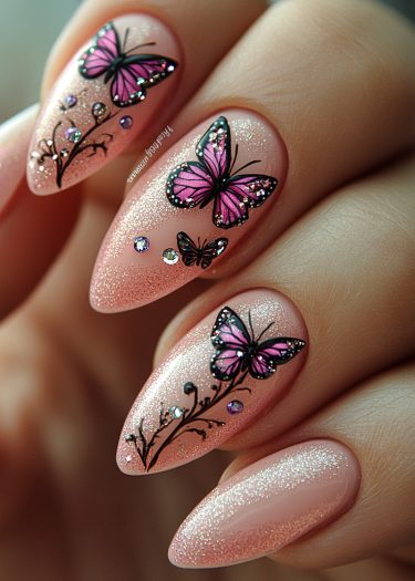 Elegant almond-shaped butterfly nail art with pink gradient and glitter accents.