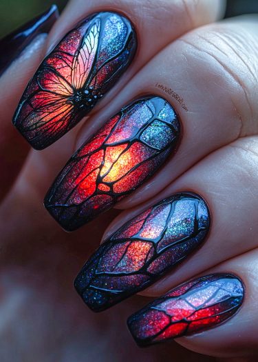 Intricate butterfly wing nail art with vibrant colors and shimmering details.