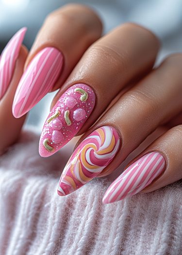 Vibrant candy-inspired nail art featuring pink stripes, lollipop swirls, and sparkling textures.