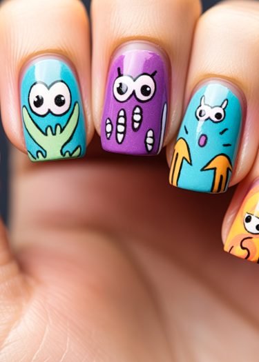 Colorful cartoon character nail art featuring whimsical designs on square-shaped nails.