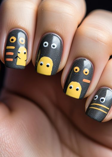 Vibrant nail art featuring cartoon characters in yellow and orange on a dark shimmer base.