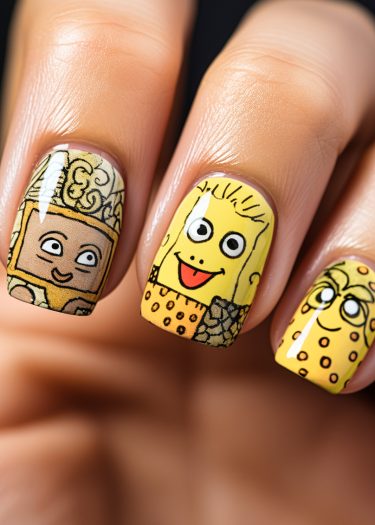 Playful cartoon character nail art featuring vibrant designs and bold colors on beautifully manicured nails.