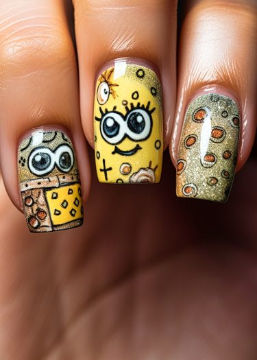 Vibrant cartoon character nail art with playful designs and colorful patterns for whimsical flair.