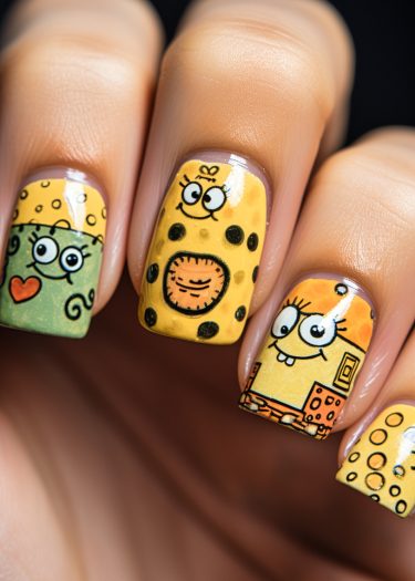 Vibrant cartoon character nail art showcasing playful designs and bold colors on creative nails.