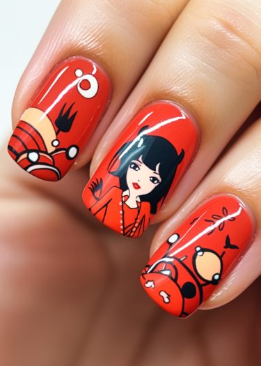 Vivid red cartoon character nail art with intricate designs and glossy finish.