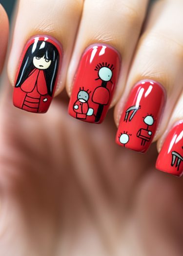 Vibrant red nail art featuring whimsical cartoon characters for a bold, creative design.