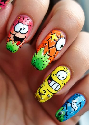 Vibrant cartoon character nail art featuring playful designs and bold colors on four nails.