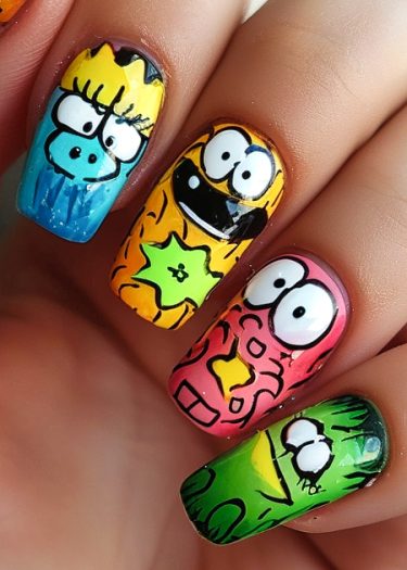 Vibrant cartoon character nail art design featuring playful designs on colorful nails.