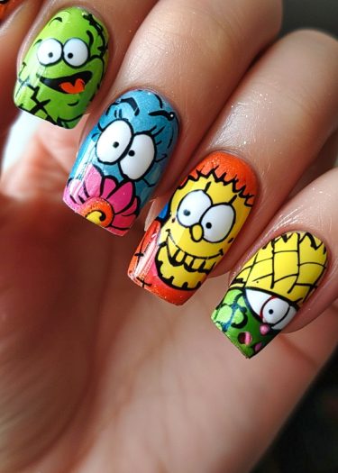 Colorful cartoon character nail art featuring playful designs and whimsical expressions.