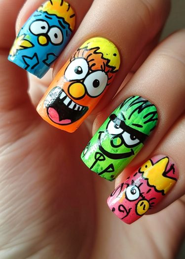 Vibrant cartoon character nail art featuring playful designs and bold colors on fingernails.