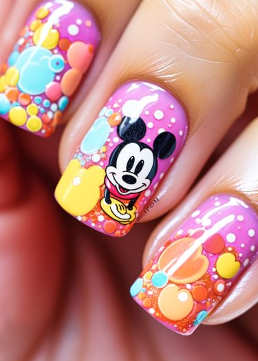 Colorful Mickey Mouse nail art design with vibrant patterns and glossy finish.