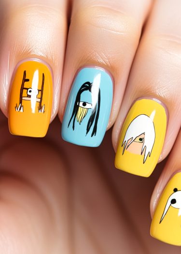 Whimsical cartoon character nail art design featuring vibrant colors and playful illustrations on four nails.