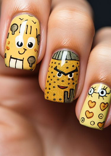 Vibrant cartoon character nail art with playful designs and glossy yellow base.