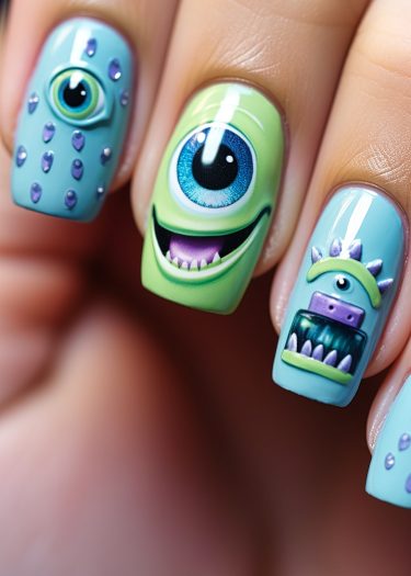 Vibrant cartoon monster nail art featuring colorful, whimsical designs and intricate details.