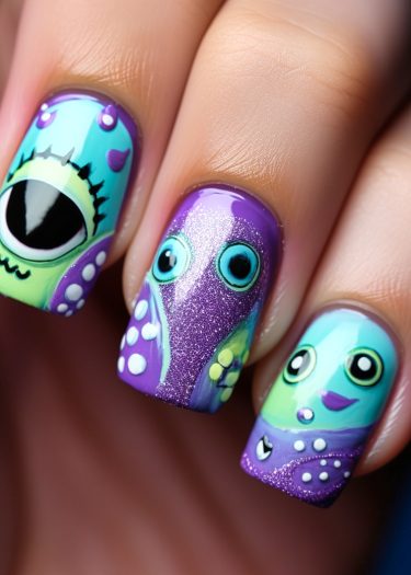 Vibrant cartoon monster nail art featuring whimsical designs and playful colors for a cheerful look.