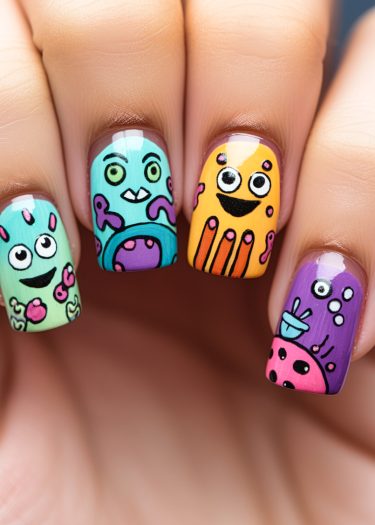 Vibrant cartoon monster nail art design featuring colorful characters for a playful fashion statement.