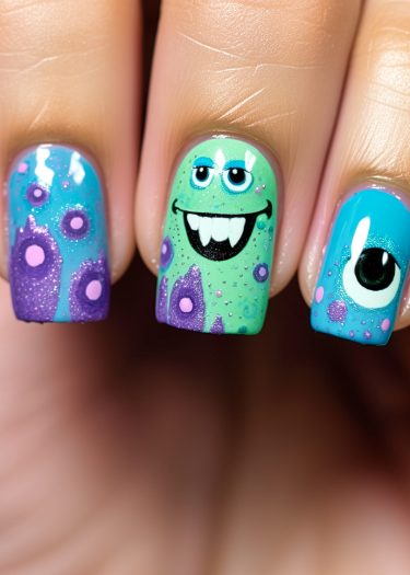 Playful cartoon monster nail art with vibrant colors and whimsical designs for a fun look.