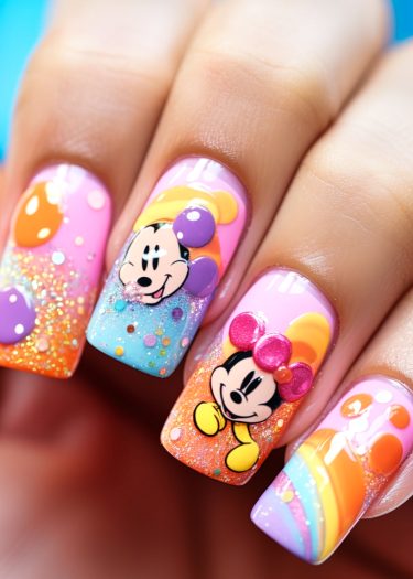 Playful cartoon character nail art with vibrant colors and glitter for a whimsical look.