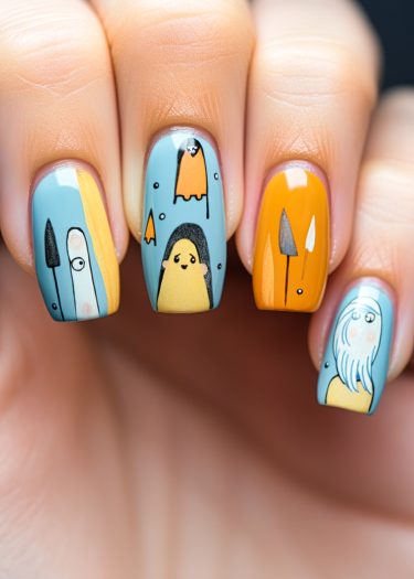 Vibrant cartoon nail art featuring whimsical designs and playful colors on a close-up hand.