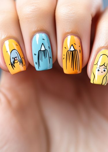 Vibrant cartoon nail art featuring unique designs on colorful backgrounds for playful creativity.