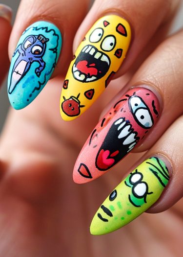 Vibrant cartoon nail art featuring playful characters and bold colors on elongated nails.