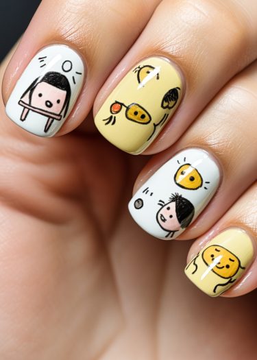 Playful cartoon nail art with whimsical characters in pastel yellow and white designs.