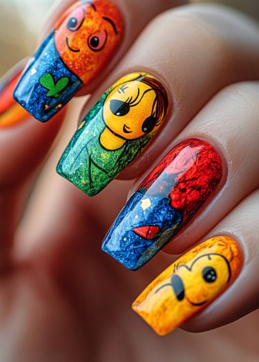 Vibrant cartoon nail art designs showcasing colorful, detailed characters and patterns on squared nails.