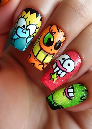 Vibrant cartoon nail art featuring colorful characters with expressive designs on four nails.