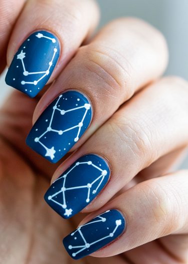 Beautiful celestial blue nail art featuring intricate constellation designs on a matte background.