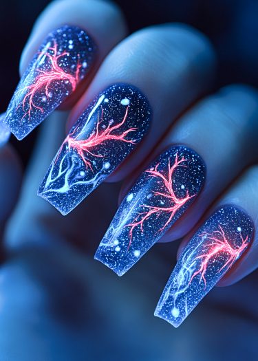 Vibrant celestial electric nail art with glowing red patterns against a starry cosmic background.