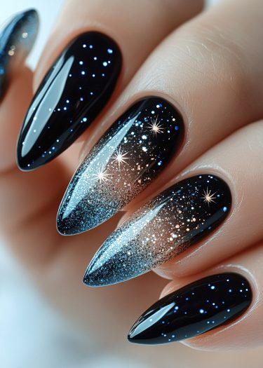 Cosmic-themed nail art featuring black nails with shimmering stars and a glittery gradient.