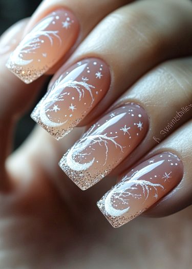 Elegant celestial gradient nails featuring ombre design, stars, and crescent moon accents.