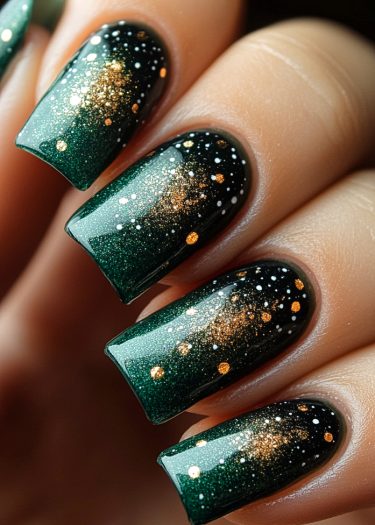 Elegant deep green nails with celestial gold and white speckles for a stunning manicure.