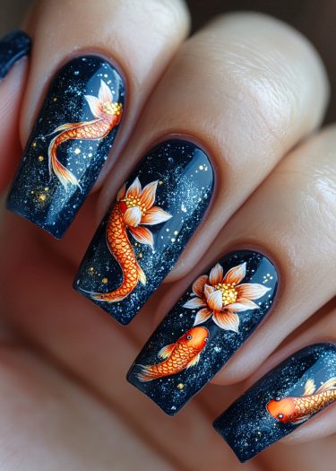 Celestial koi fish nail art with lotus flowers on a glossy black starry background.