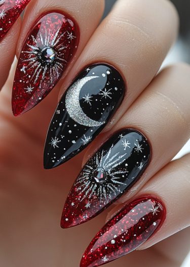 Celestial nail art featuring black and red designs with glitter, moons, stars, and 3D embellishments.