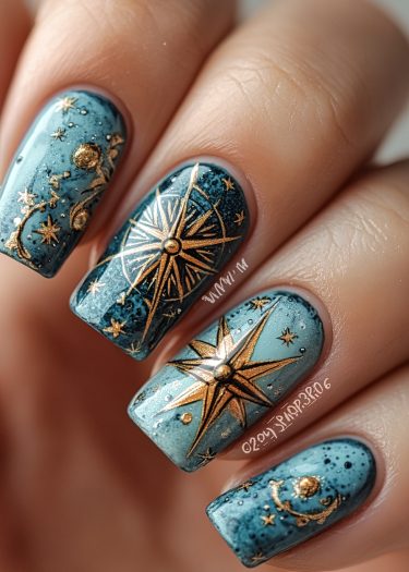 Elegant celestial nail art featuring golden stars and a starry night gradient design.