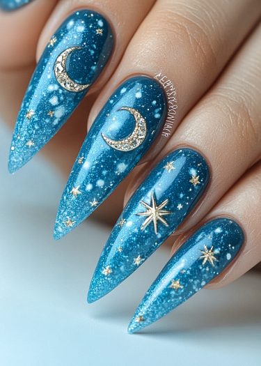 Exquisite celestial nail art with stiletto shape, featuring shimmering blue, gold moons, and stars.