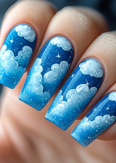 Stunning celestial nail art features clouds and stars on a captivating blue gradient background.