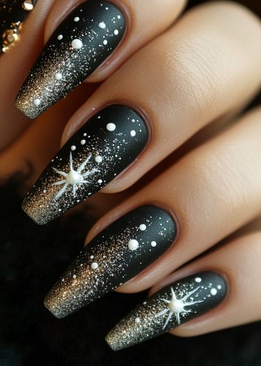 Cosmic nail art featuring matte black base, golden shimmer, and starry designs for a luxurious look.