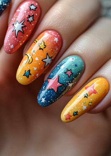 Vibrant celestial nail art showcasing intricate designs of stars and moons on almond-shaped nails.