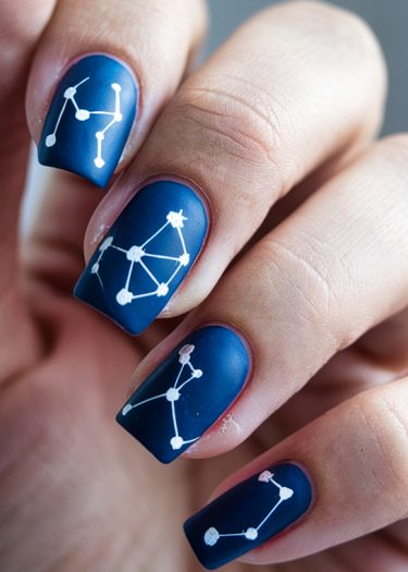 Navy blue matte nails featuring intricate white constellation designs for celestial nail art.