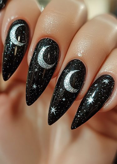 Elegant black celestial nail art featuring silver moons and scattered stars.