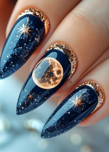 Elegant cosmic nail art featuring moon and stars on striking midnight blue stiletto nails.